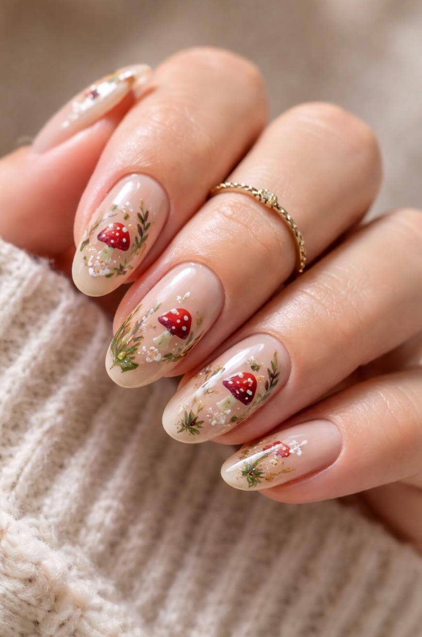 A close-up of a hand with almond-shaped nails, featuring nude polish and detailed nail art of red mushrooms, green leaves, and small white flowers. The person is wearing a gold ring and a beige knit sweater.