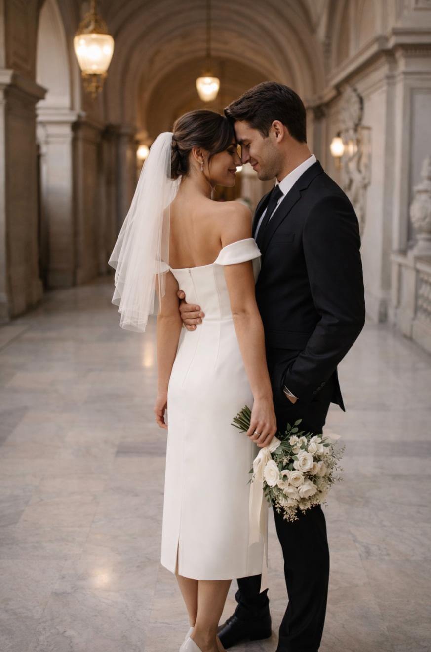 A bride in a white, off-the-shoulder dress and veil stands with a groom in a black suit. They smile at each other in an elegant hallway, and the bride holds a bouquet of white flowers.