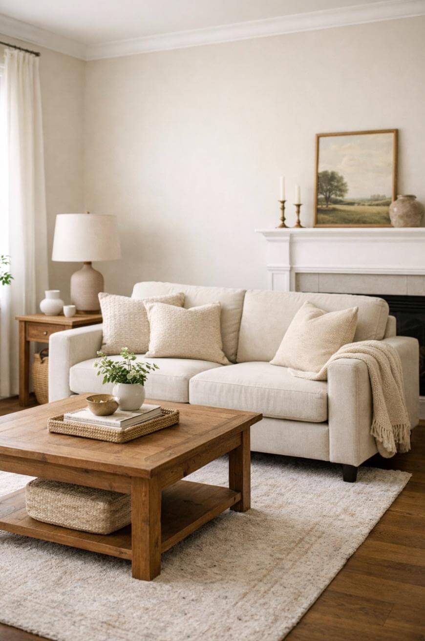 A cozy living room with a beige sofa, cream pillows, and a knit throw, a wooden coffee table with decor, a floor lamp, and a white fireplace with candles, a vase, and a landscape painting on the mantel.