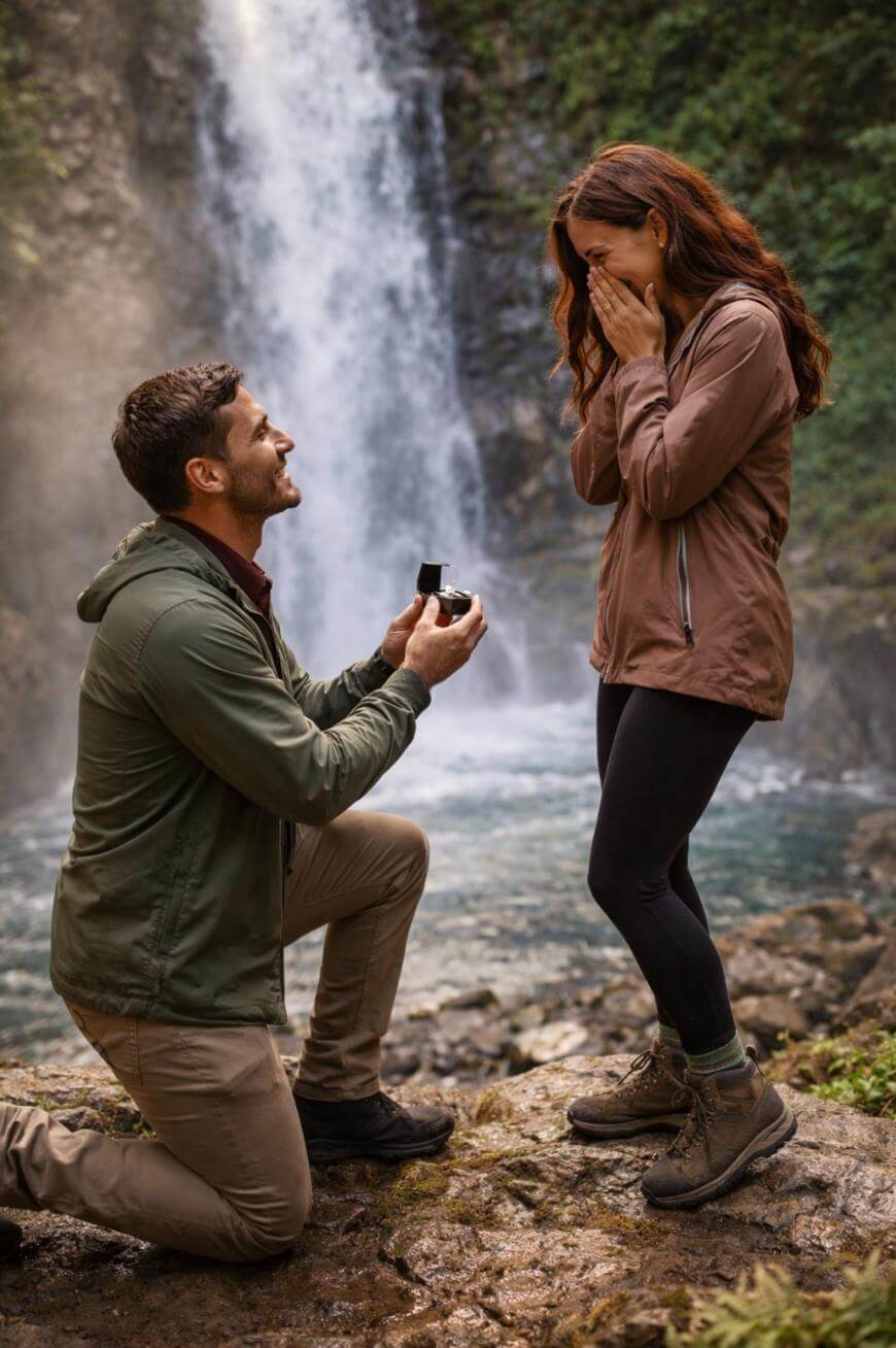 A man kneels and presents a ring to a surprised woman near a waterfall in a forest, suggesting a marriage proposal. The woman covers her face in joy, and both wear outdoor clothing and boots.