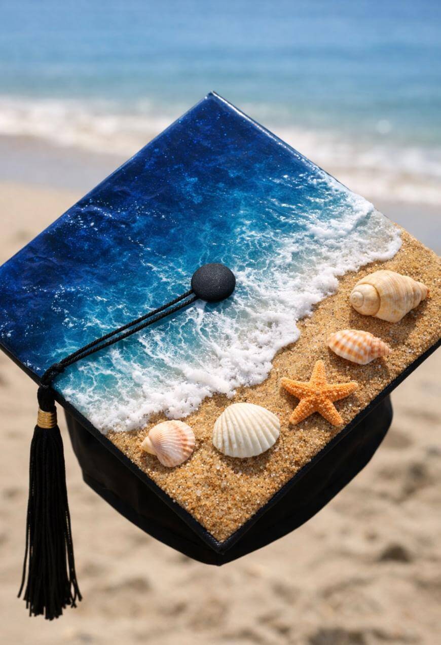A graduation cap decorated with a realistic beach scene, featuring blue ocean waves, sandy shore, seashells, and a starfish, set against a blurred seaside background.