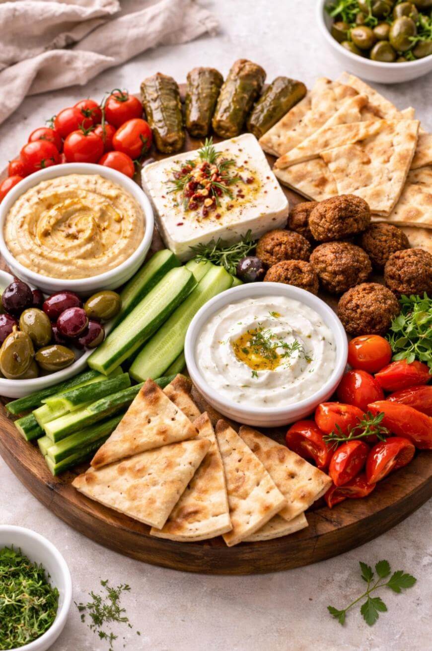 A platter with pita bread, falafel, grape leaves, cherry tomatoes, cucumber sticks, olives, hummus, tzatziki, and a block of feta cheese garnished with herbs and oil.