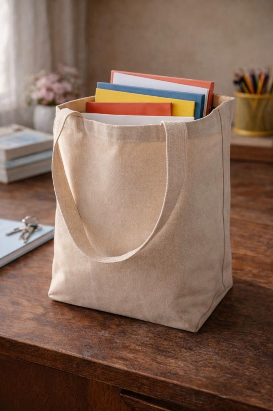 A beige canvas tote bag filled with colorful books sits on a wooden desk, with a blurred background showing a potted plant, pencils in a holder, and a notebook with keys.