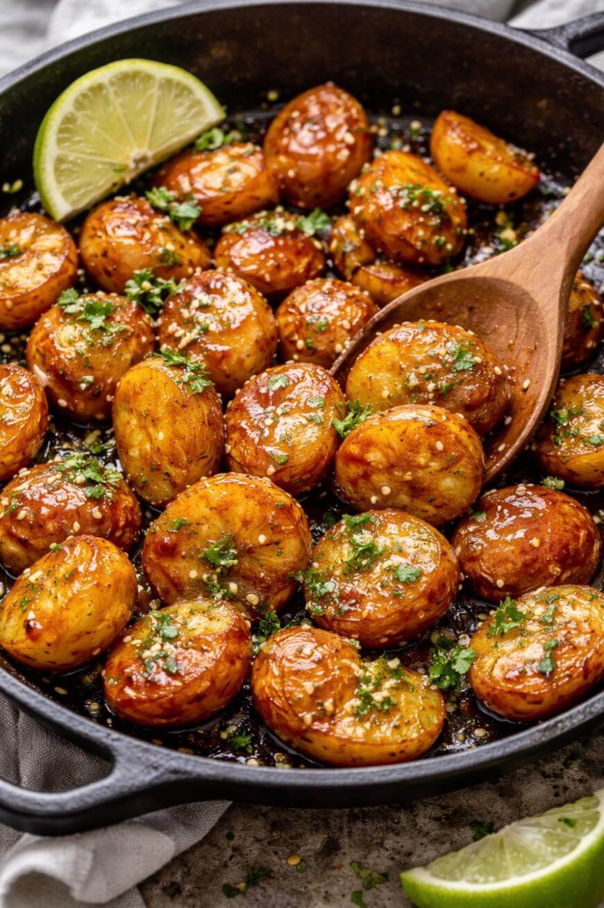 A skillet filled with golden roasted baby potatoes garnished with chopped herbs and grated cheese, with a wooden spoon lifting some potatoes. Lime wedges are placed at the edge of the skillet.