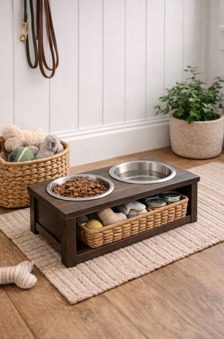 A wooden pet feeding station with two metal bowls, one filled with kibble, sits on a beige rug. Below, a basket holds toys and supplies. Nearby are a plant, a basket of balls, and leashes hanging on the wall.