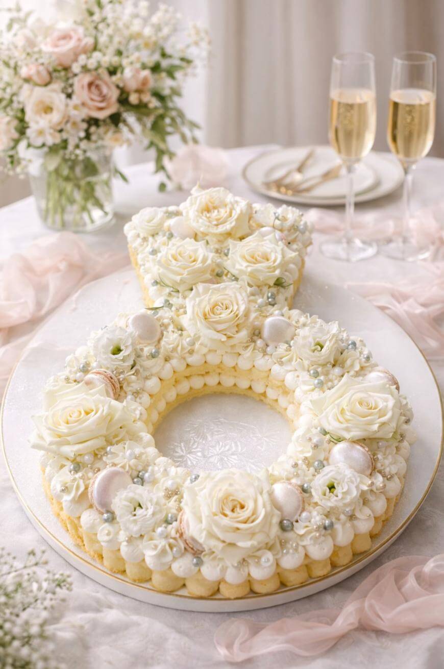 A cake shaped like the number 8, decorated with white roses, pearls, and cream swirls, sits on a table with champagne glasses, plates, and a floral arrangement in the background.