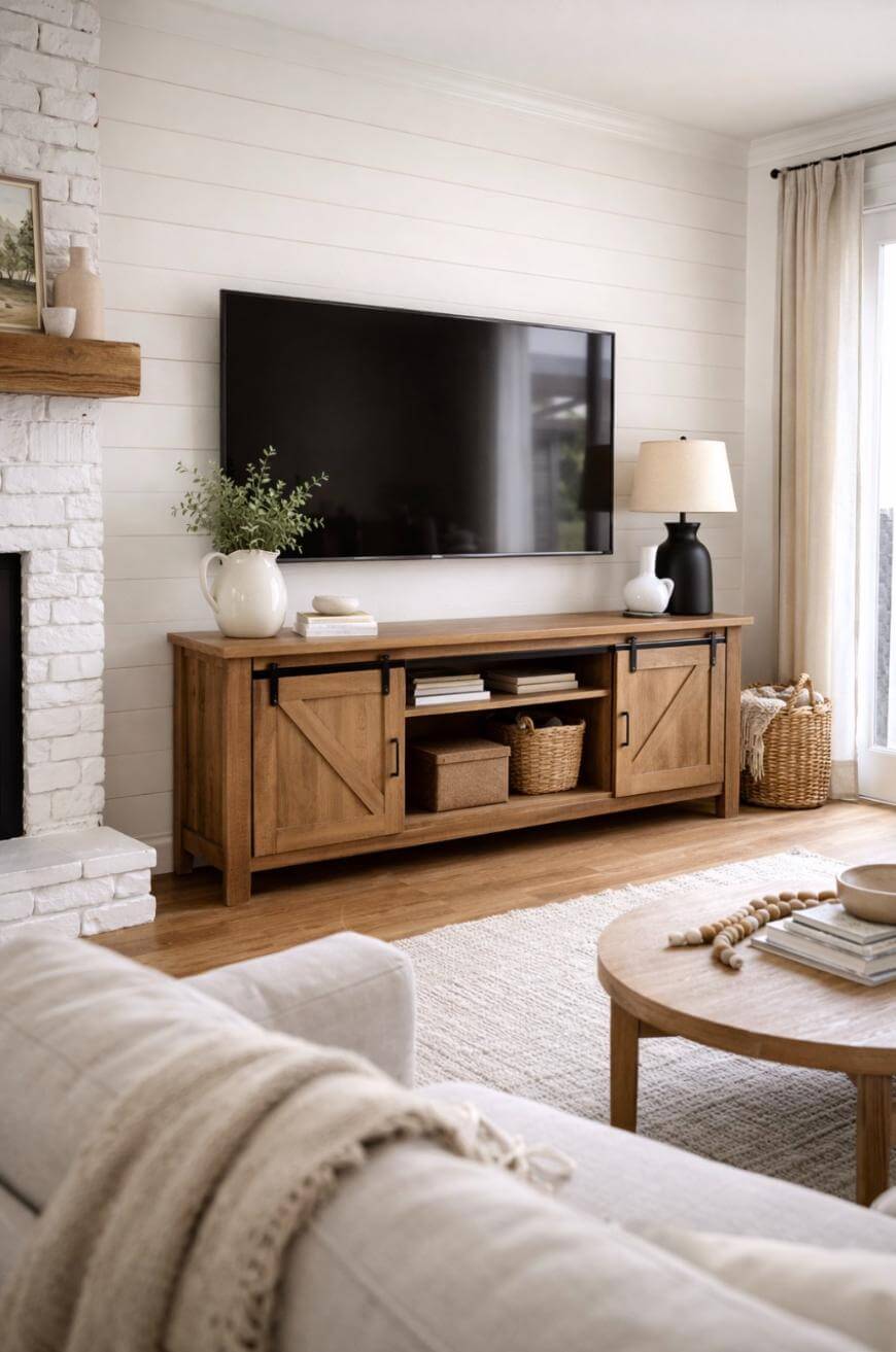 A cozy living room features a wall-mounted TV above a wooden console with decor items, a table lamp, and storage baskets. A light sofa and round coffee table sit atop a neutral rug by sunlit windows with curtains.