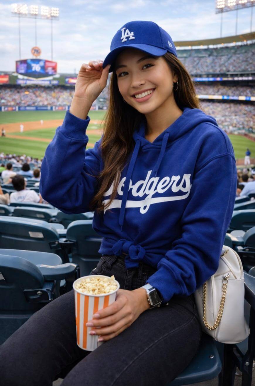 A woman wearing a blue Dodgers hoodie and LA cap smiles at a baseball stadium, holding popcorn. The field and fans are visible in the background.