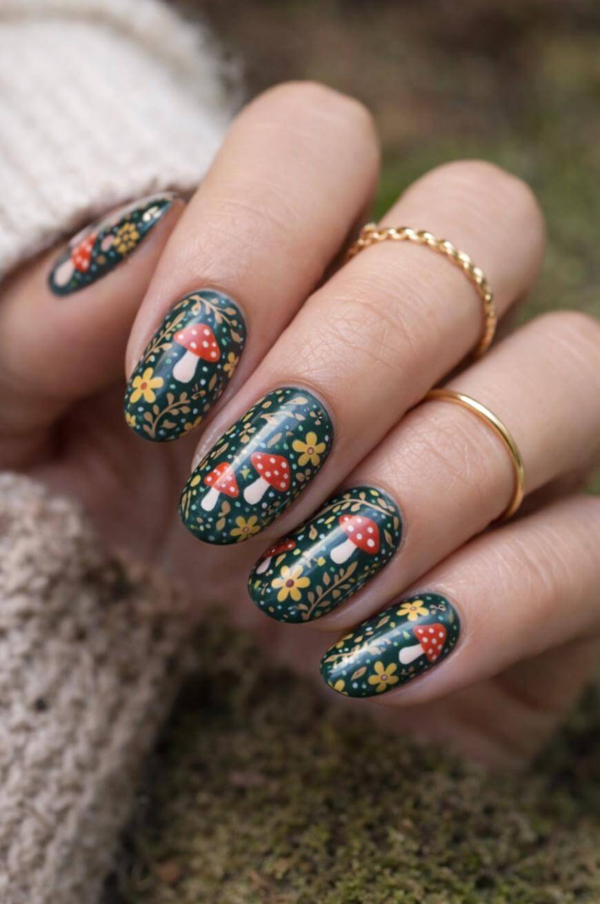 A hand with long, oval-shaped nails painted dark green, featuring detailed designs of red mushrooms, yellow flowers, and green leaves. The person is wearing gold rings and a cream knit sweater, with a blurred natural background.