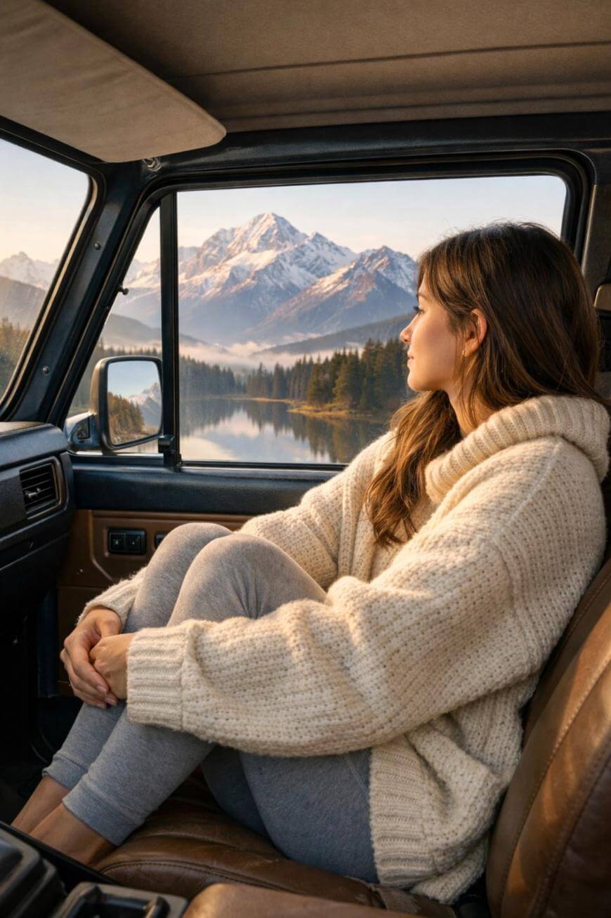 A woman in a cozy sweater sits in a car, gazing out the window at a serene lake surrounded by pine trees and snow-capped mountains during sunset.