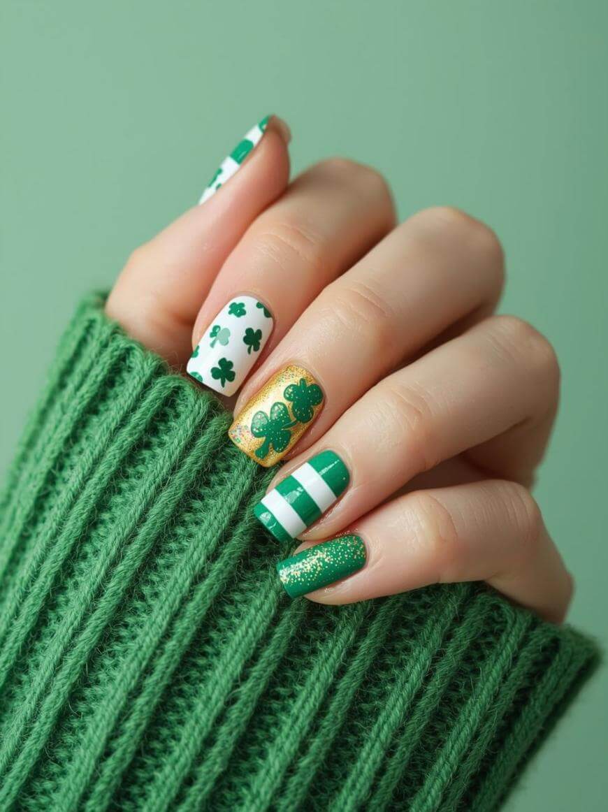 A hand with manicured nails featuring green and white stripes, shamrock designs, gold glitter, and green polish, partially covered by a green knitted sweater, against a matching green background.