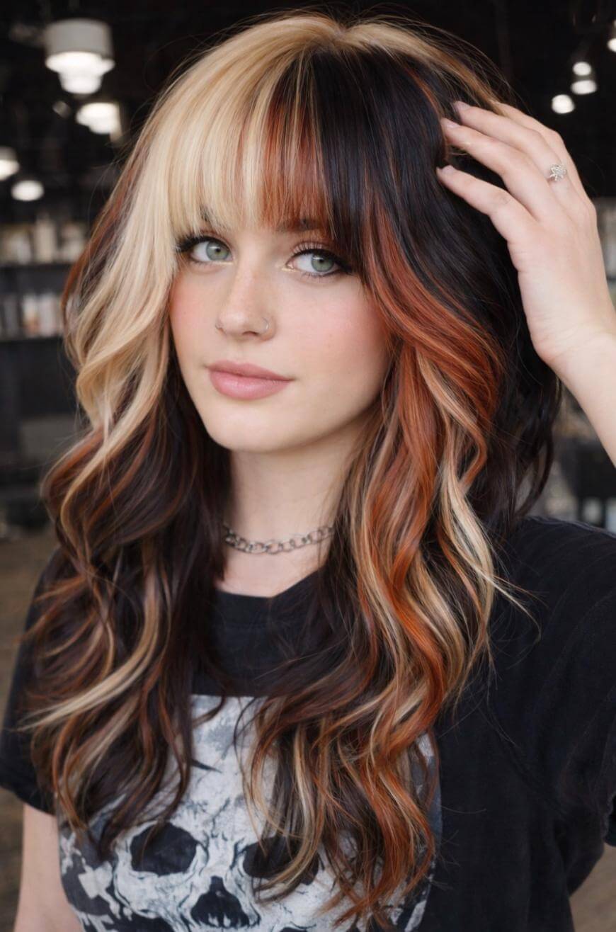 A young woman with long, wavy hair featuring bold blonde, orange, and dark brown streaks. She has bangs, light makeup, and is wearing a black t-shirt with a skull graphic, posing indoors with one hand touching her hair.