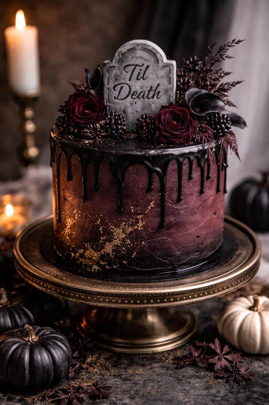 A dark, gothic-style cake with black chocolate drips, deep red flowers, and a tombstone topper that reads Til Death, sits on a gold stand. Black and white pumpkins and lit candles decorate the moody scene.