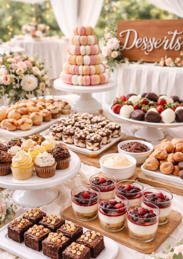 A dessert table with cupcakes, chocolate brownies, mini cheesecakes with berries, cream puffs, donut holes, chocolate-covered strawberries, and a tall macaron tower, surrounded by flowers and a wooden “Desserts” sign in the background.