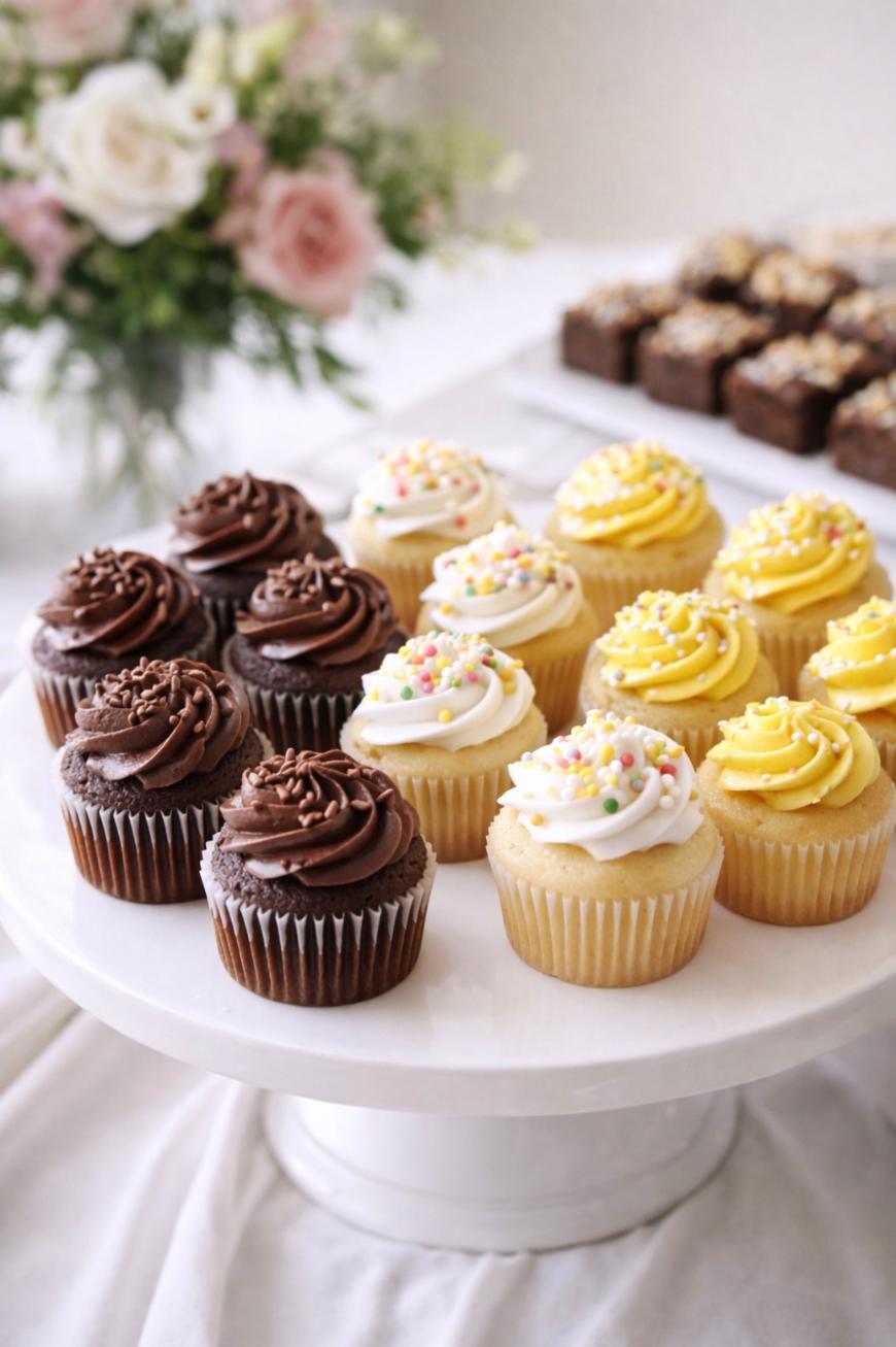 A white cake stand displays chocolate, vanilla, and yellow cupcakes topped with swirled frosting and sprinkles. A blurred tray of brownies and a flower arrangement are in the background.