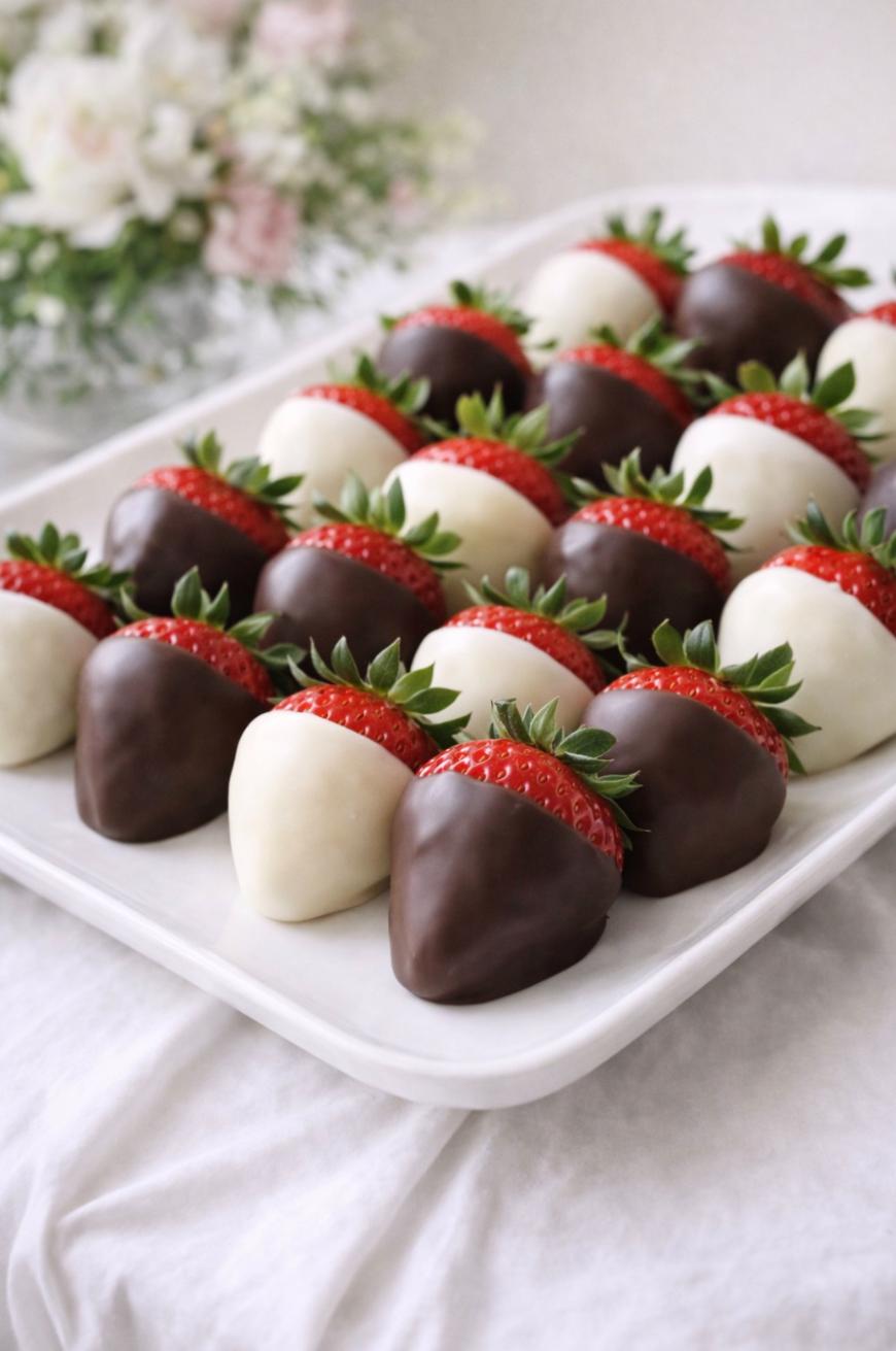 A tray of fresh strawberries dipped in white and dark chocolate, arranged in neat rows on a white plate. A blurred bouquet of flowers is in the background.