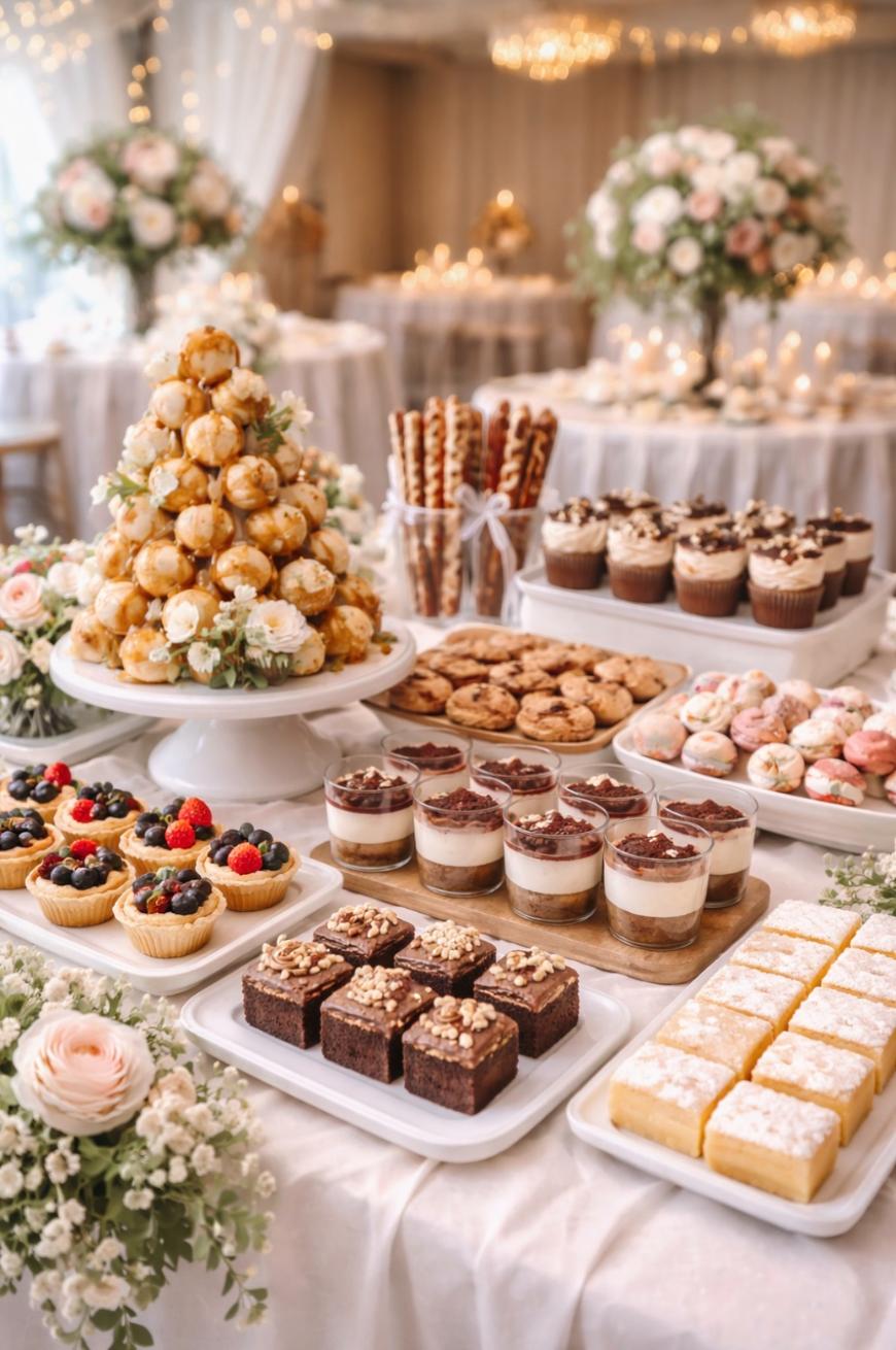An elegant dessert table with assorted pastries, brownies, tiramisu cups, fruit tarts, cookies, and a croquembouche centerpiece, set in a venue decorated with flowers and soft lighting.