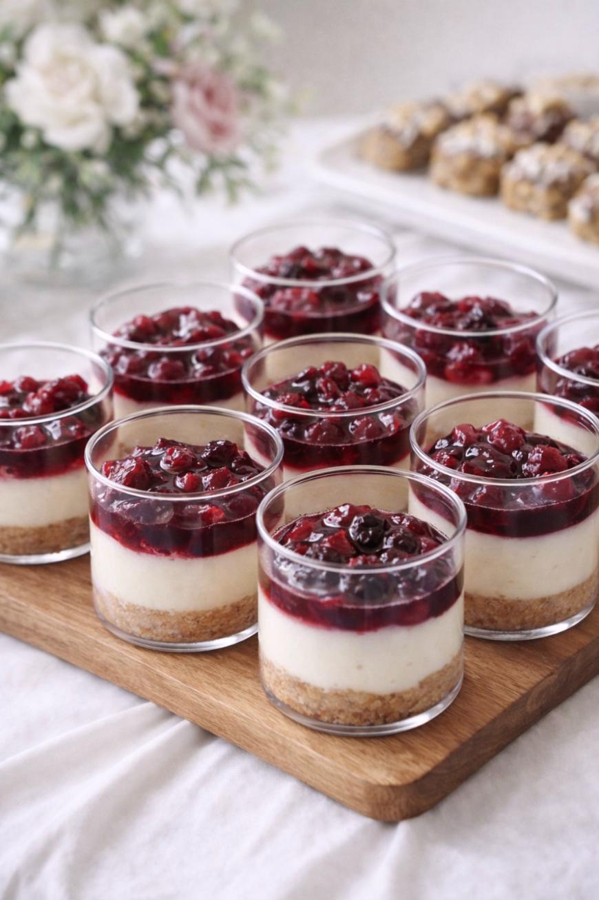 Nine individual cheesecake desserts in clear glasses, each with a crumb base, creamy middle layer, and a berry topping, are arranged on a wooden tray. A blurred floral arrangement decorates the background.