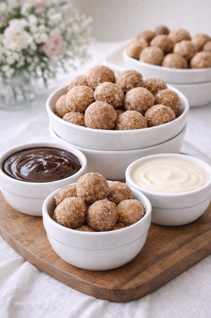 Several white bowls filled with round cinnamon-sugar coated balls and bowls of chocolate and vanilla dips are arranged on a wooden board, with a bouquet of flowers blurred in the background.