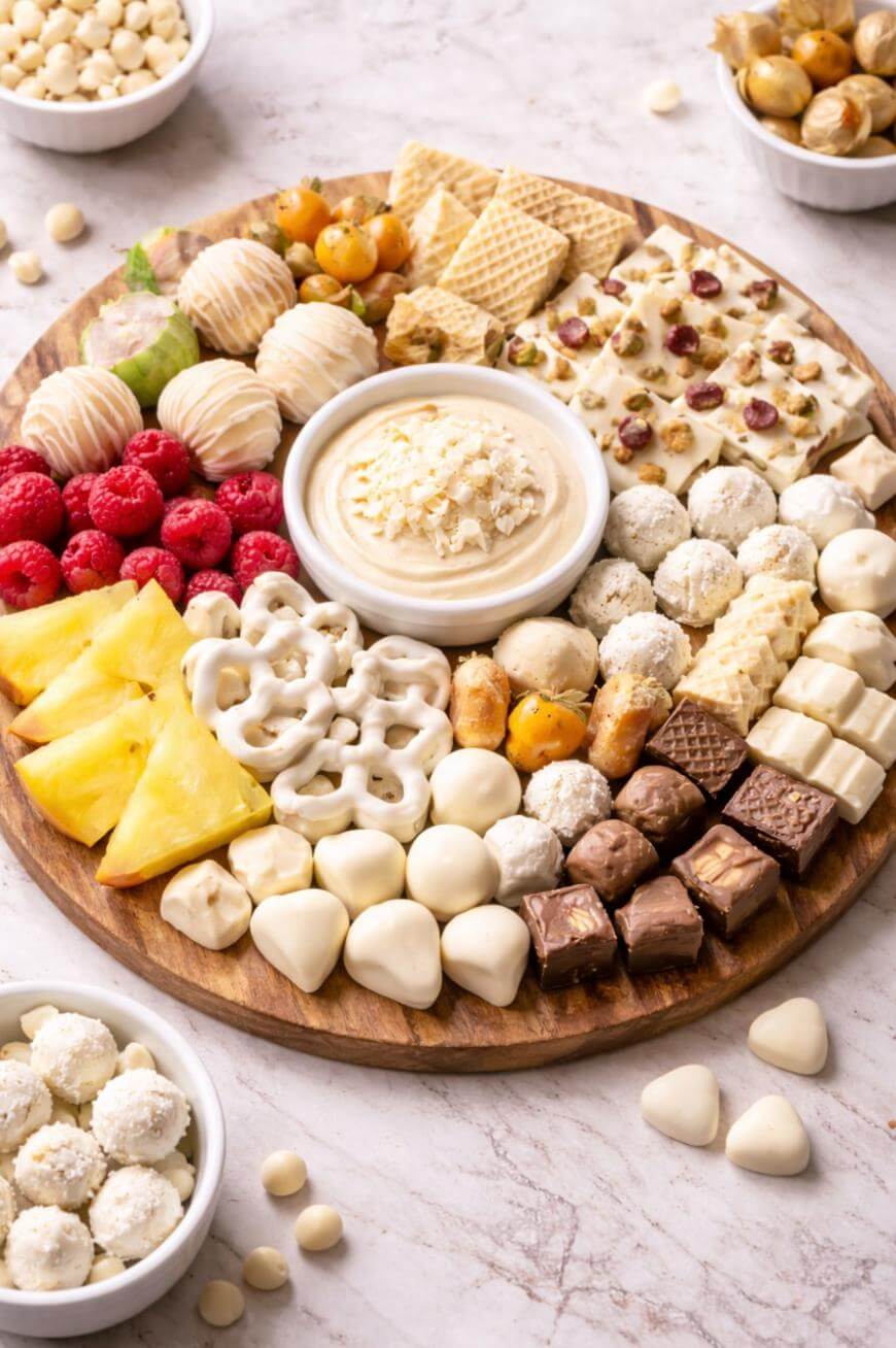 A round wooden platter filled with assorted white and milk chocolates, wafers, pretzels, cookies, fresh raspberries, pineapple, and a bowl of creamy dip, surrounded by small bowls of more sweets on a marble surface.