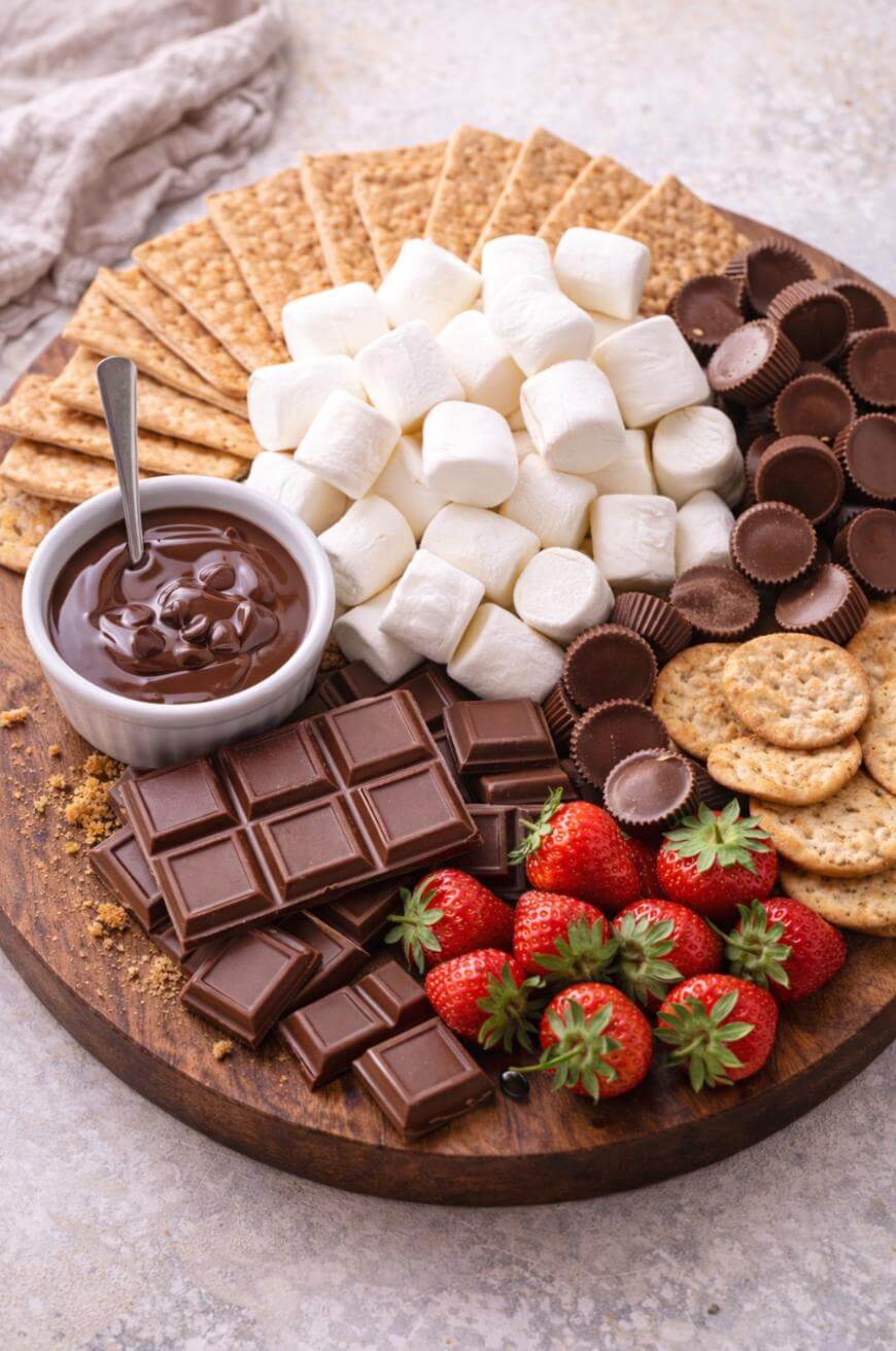 A round wooden board with graham crackers, marshmallows, peanut butter cups, chocolate squares, fresh strawberries, crackers, and a bowl of melted chocolate with a spoon.