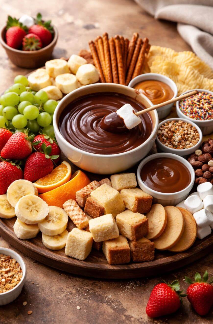 A platter with chocolate fondue at the center, surrounded by strawberries, grapes, banana slices, orange wedges, marshmallows, cookies, pretzel sticks, cake cubes, pineapple, and small bowls of sprinkles and caramel.