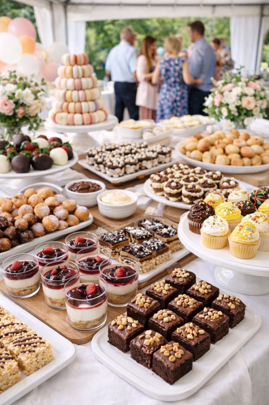 A dessert table filled with assorted pastries, cupcakes, brownies, macarons, and parfaits. In the background, a group of people are standing and talking near floral arrangements under a white tent.