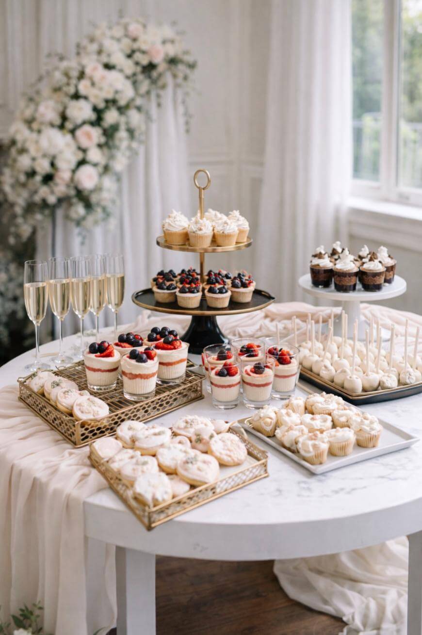 A round white table displays assorted desserts including cupcakes, parfaits, cake pops, cookies, and flutes of champagne. In the background, a flower arrangement and bright window create an elegant setting.