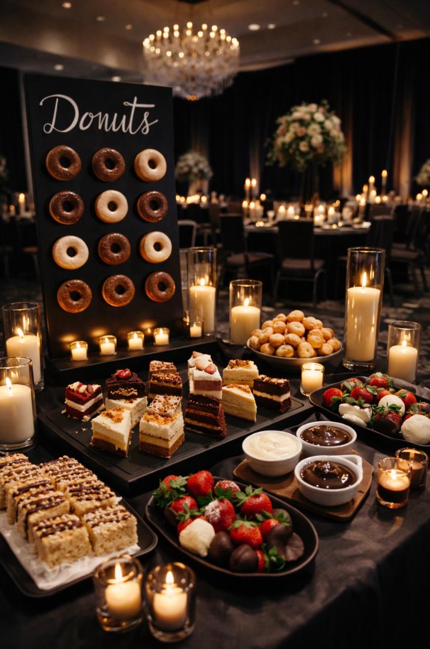 A dessert table displays assorted cakes, chocolate-covered strawberries, pastries, and sauces, with a donut wall in the background. Candles and floral arrangements decorate the elegant, dimly-lit event setting.