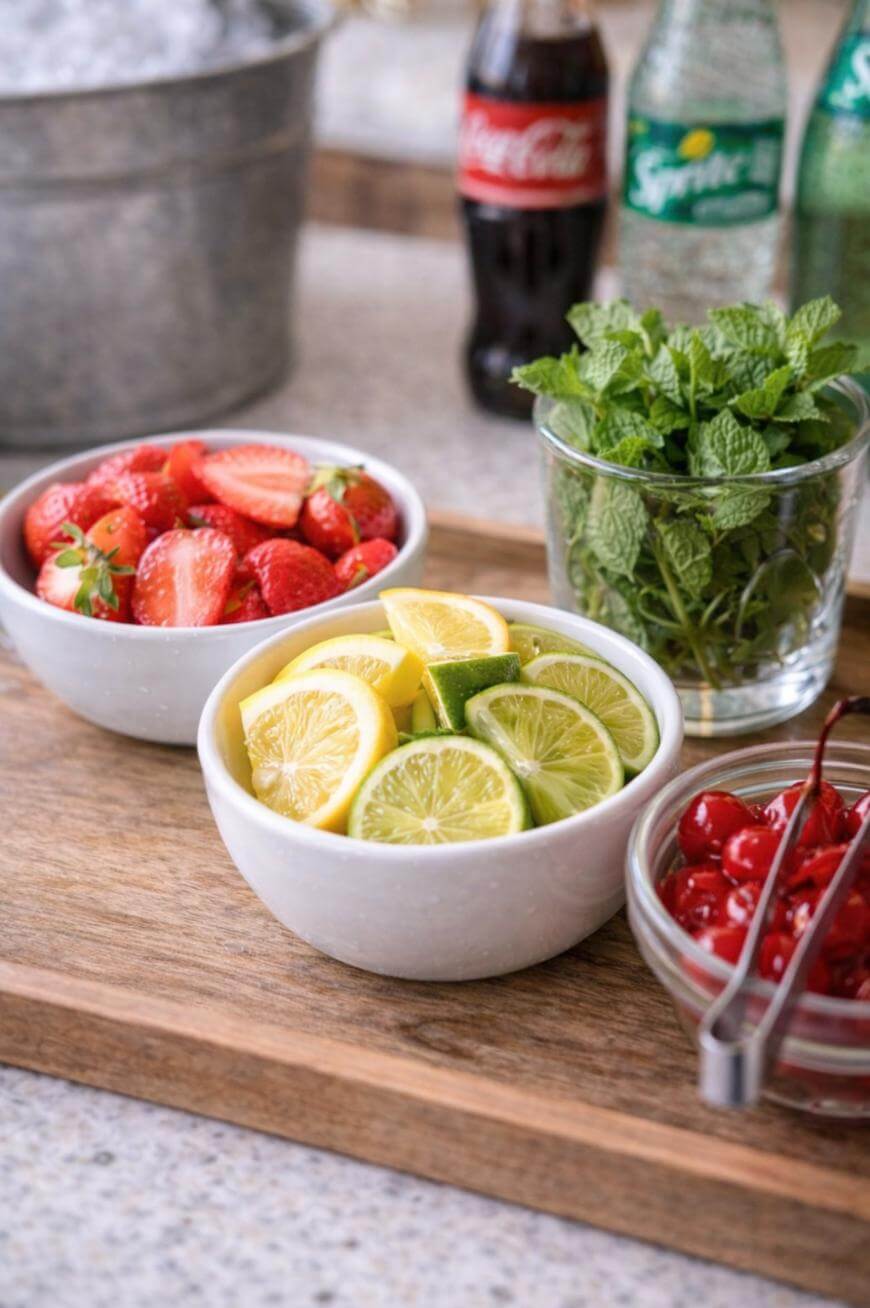 Bowls of fresh strawberries, lemon and lime slices, maraschino cherries, and a glass of mint leaves are arranged on a wooden tray; sodas are blurred in the background.