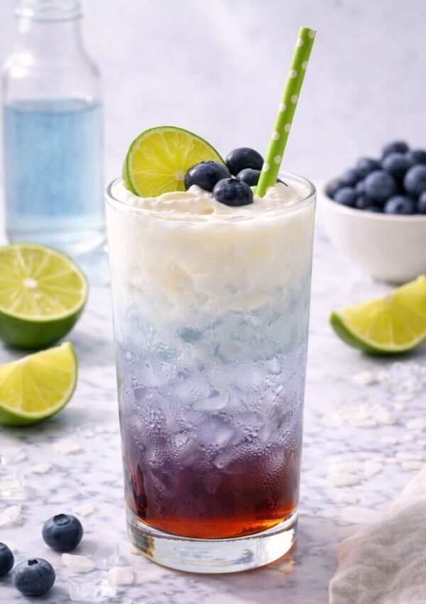 A tall glass of layered iced drink with red, blue, and white colors, topped with whipped cream, blueberries, and a lime slice. A green straw is inserted. Blueberries and lime wedges are in the background.