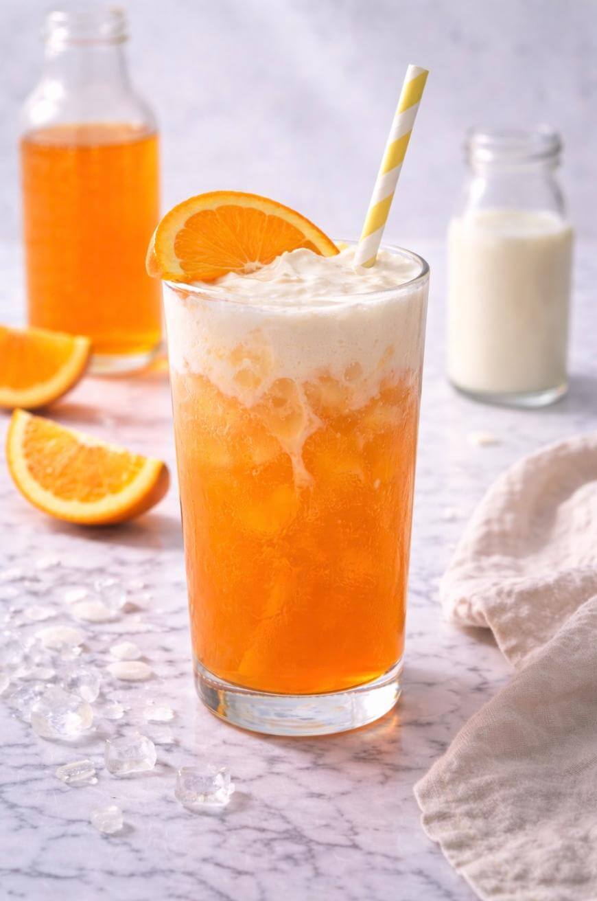 A glass of orange iced drink with a creamy foam top, garnished with an orange slice and a striped straw. Ice cubes, orange slices, and bottles of juice and milk are in the background on a marble surface.
