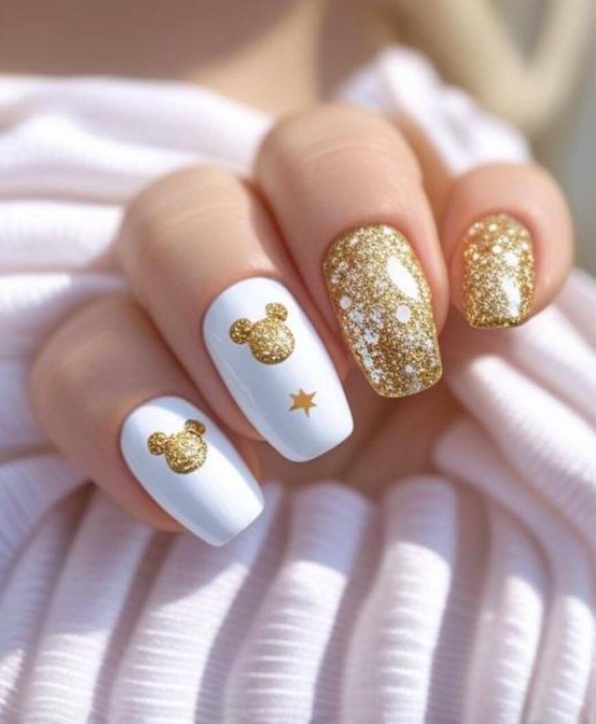 A hand with white and gold glittery nail art; two nails have gold Mickey Mouse shapes and a star on a white base, while the others are covered in sparkling gold glitter. The person is wearing a light ribbed fabric.