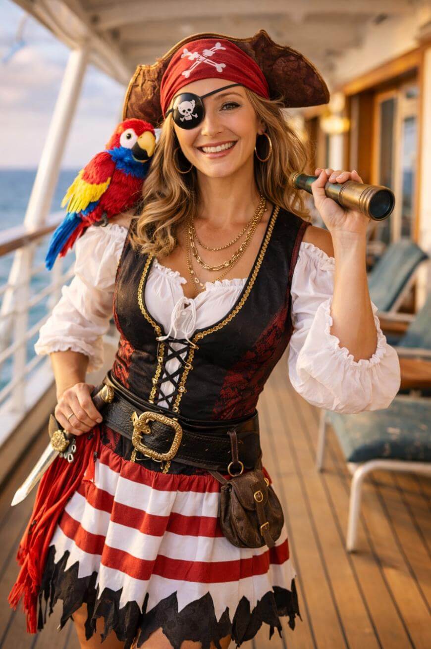 A woman in a pirate costume smiles on a ship deck, holding a telescope. She wears a tricorn hat, eye patch, striped skirt, and has a colorful parrot on her shoulder. The ocean and deck chairs are in the background.