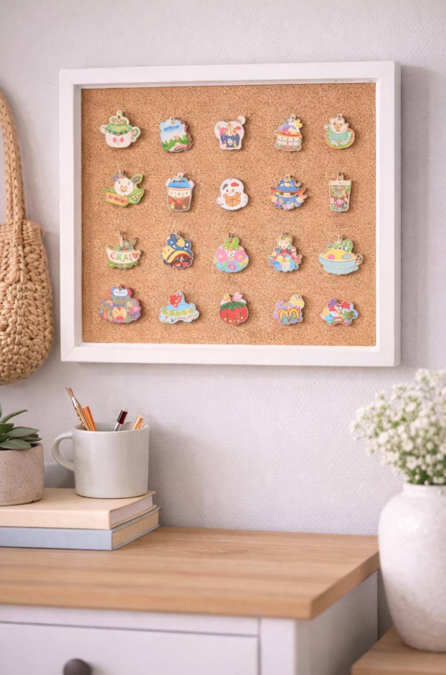 A corkboard framed in white displays colorful, tea-themed pins arranged in rows above a desk with books, a mug, a potted plant, and a vase of white flowers. A woven bag hangs on the wall beside the board.
