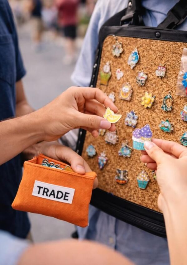 Two people trade colorful enamel pins in front of a cork board displaying various pins, including animals and cupcakes. One person holds an orange pouch labeled TRADE.