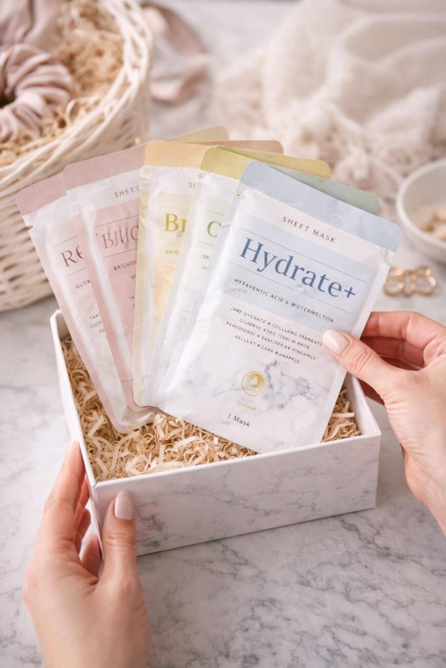 A person holds a box filled with shredded paper and several colorful sheet mask packets, including one labeled Hydrate+. A woven basket and towel are visible in the background.