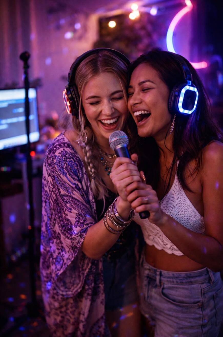 Two young women wearing glowing headphones sing together into a microphone at a lively party with neon lights and a screen in the background. They look happy and excited, enjoying the music and each others company.