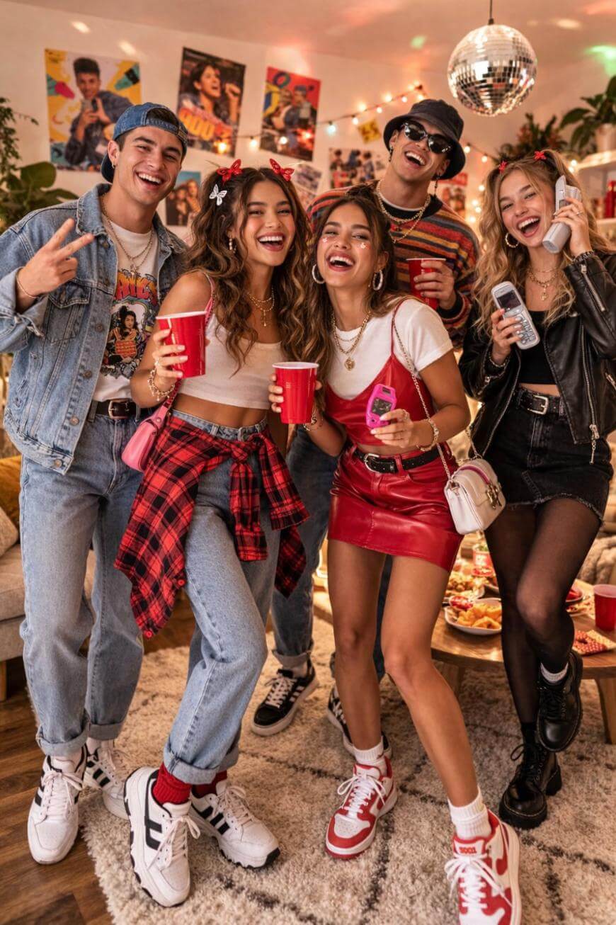 Five young adults in trendy 90s-inspired outfits laugh and pose at a lively indoor party, holding drinks. The room is decorated with posters, string lights, and a disco ball. Food and snacks are visible in the background.