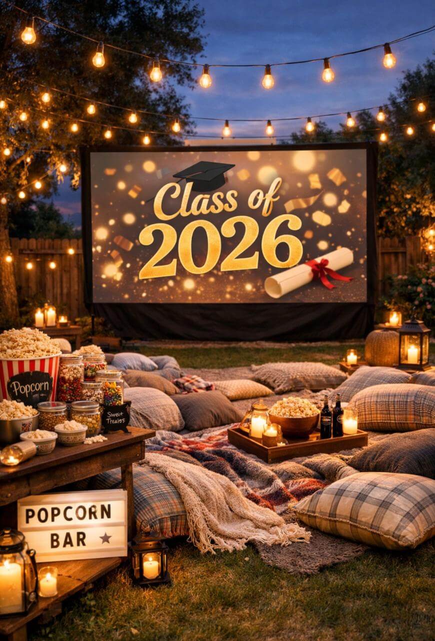 Outdoor movie night setup with cozy blankets, pillows, candles, and popcorn. A large screen displays “Class of 2026” with a graduation cap and diploma, illuminated by string lights in a garden setting.