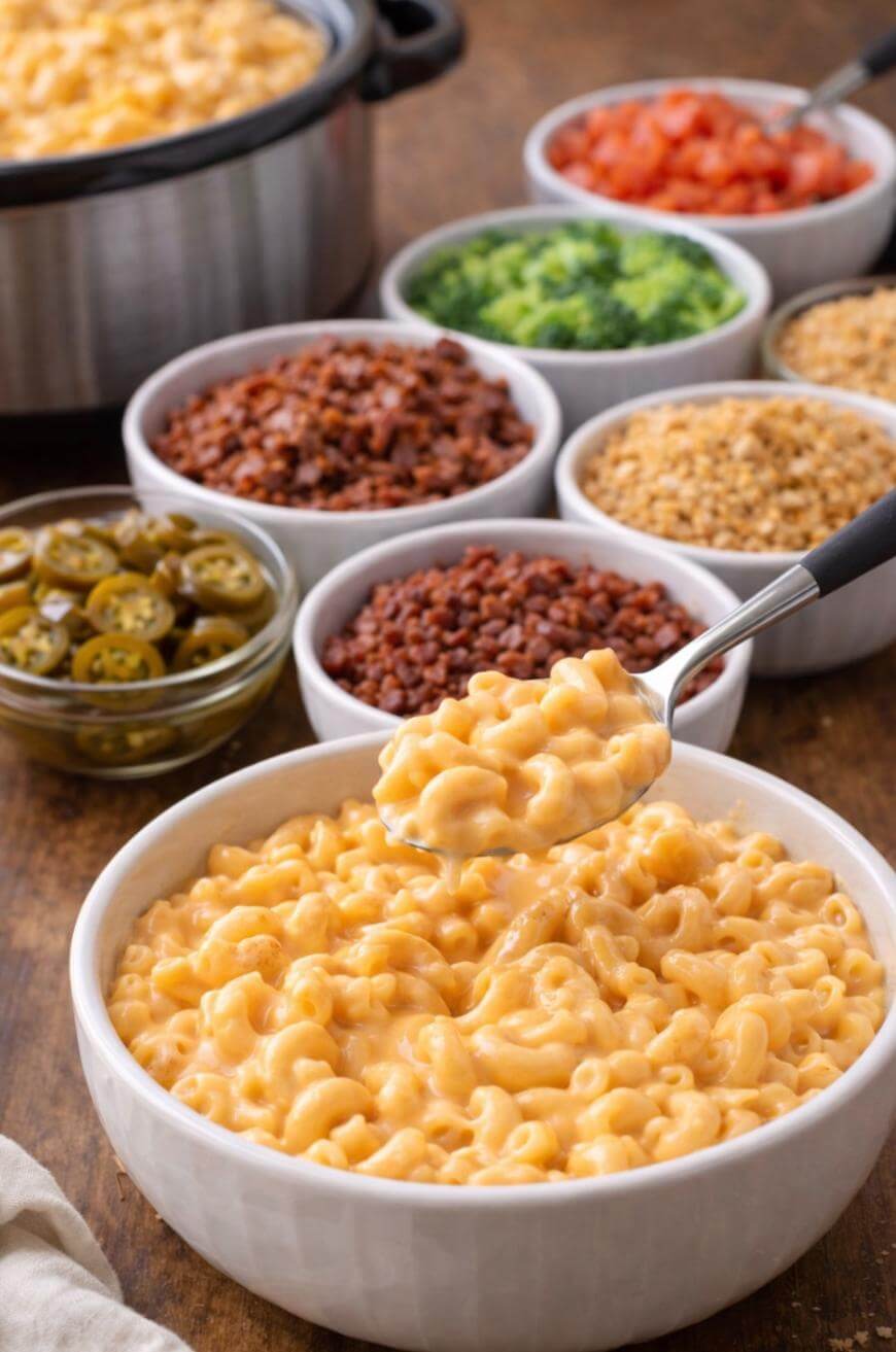 A bowl of creamy macaroni and cheese with a spoonful lifted, surrounded by small bowls of various toppings including jalapeños, bacon bits, broccoli, tomatoes, and breadcrumbs.