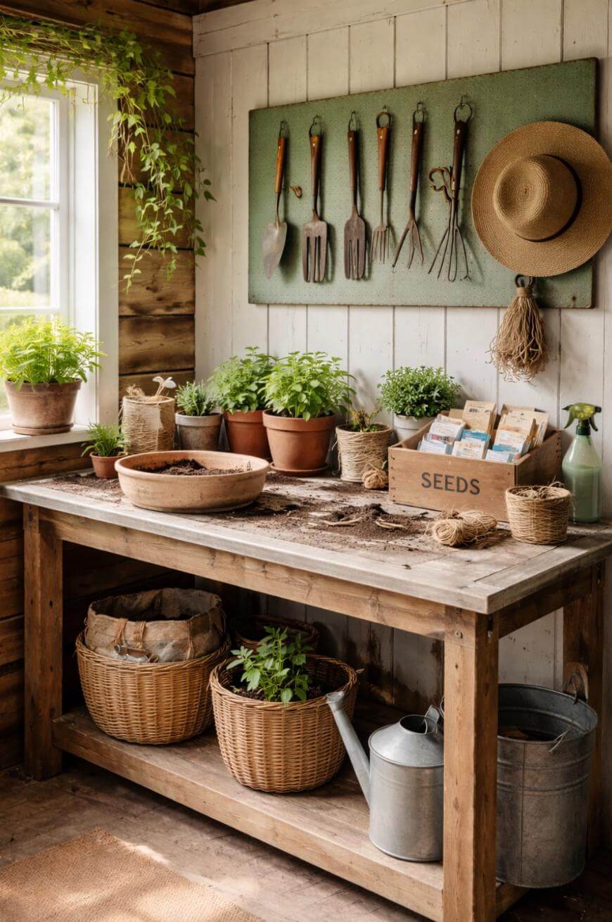 A rustic potting bench with potted plants, seed packets, gardening tools hanging on a board, a straw hat, twine, and a watering can, set by a bright window in a cozy wooden shed.