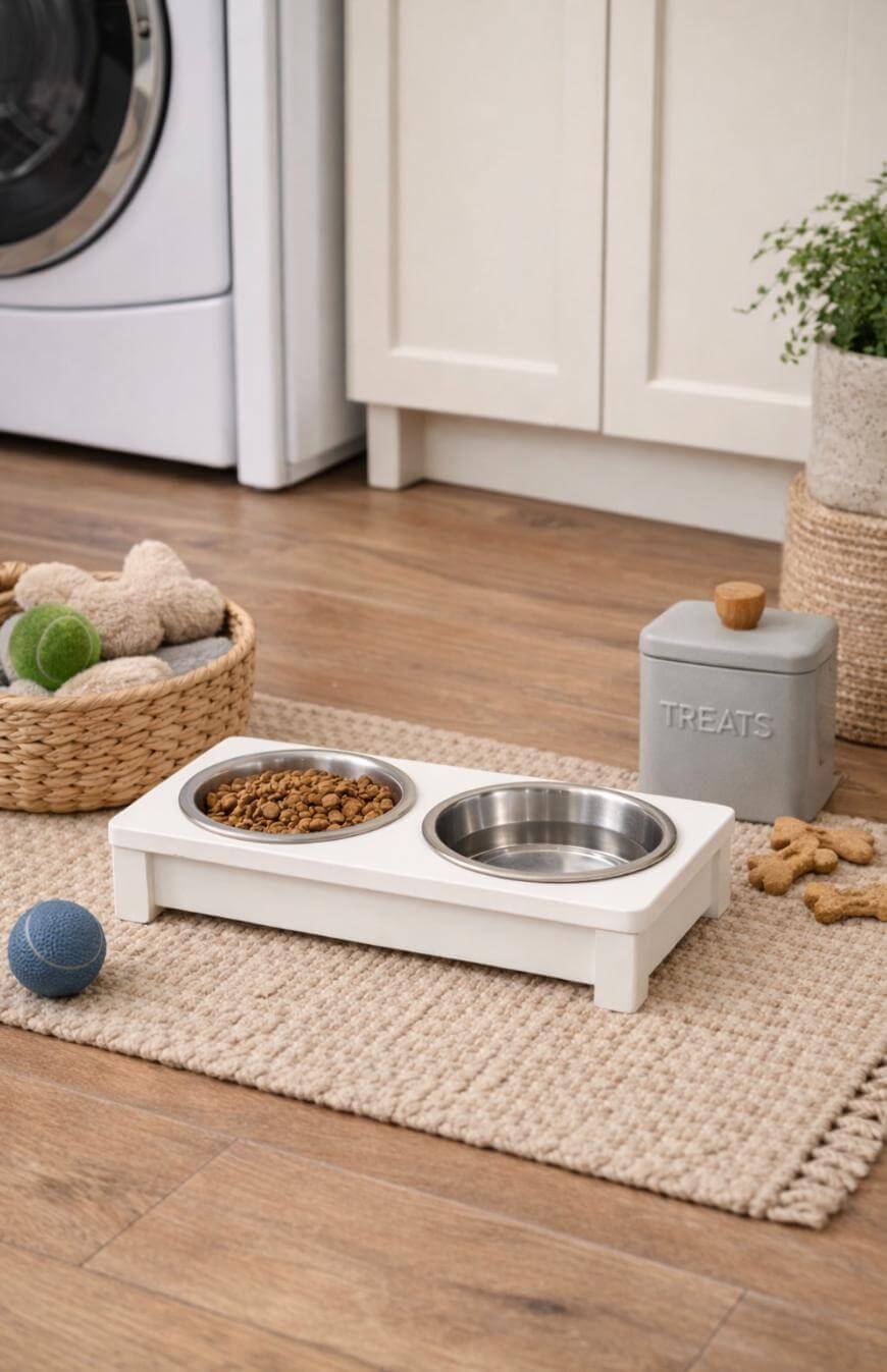 A pet feeding station with two metal bowls, one filled with dry kibble, sits on a woven mat. Nearby are a basket of toys, a gray container labeled TREATS, and some dog biscuits on a wooden floor.