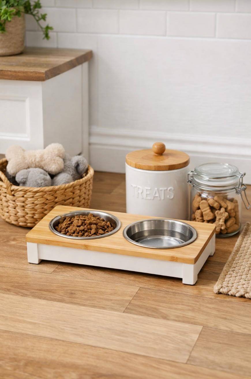 A pet feeding station with two metal bowls, one filled with kibble, sits on a wooden floor. Nearby are baskets of toys, a jar labeled TREATS, and a glass jar of dog biscuits.