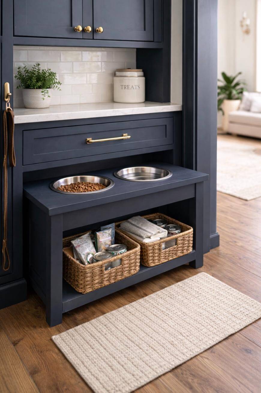 A stylish pet feeding station with two built-in stainless steel bowls, woven baskets for pet supplies underneath, navy blue cabinetry, a white countertop, and a jar labeled TREATS on top.