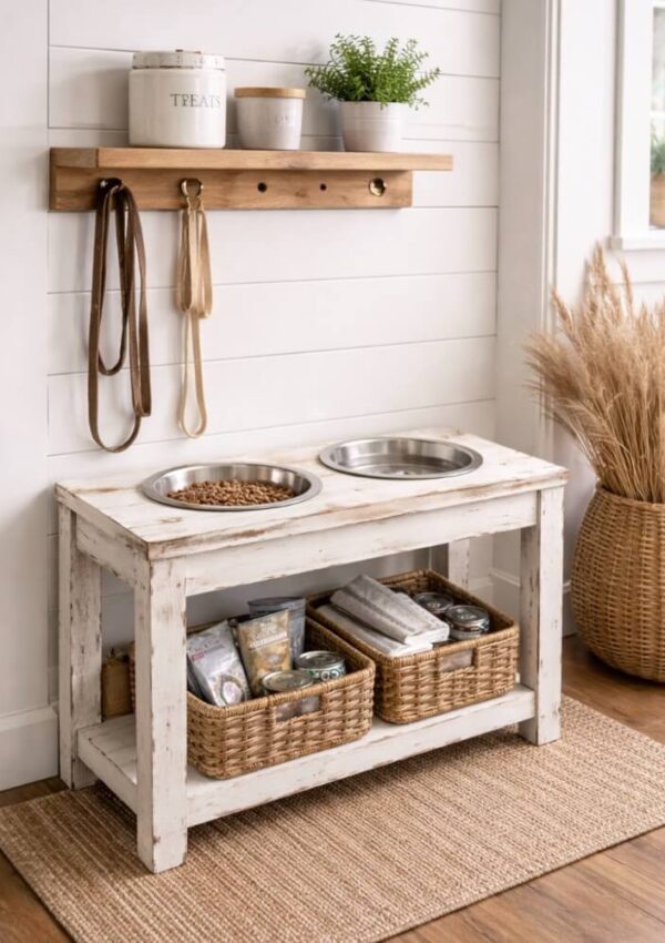 A tidy pet feeding station with two metal bowls on a rustic white wooden stand, woven baskets with pet supplies below, leashes hanging on a wall shelf with jars and a plant, all on a woven rug by a window.