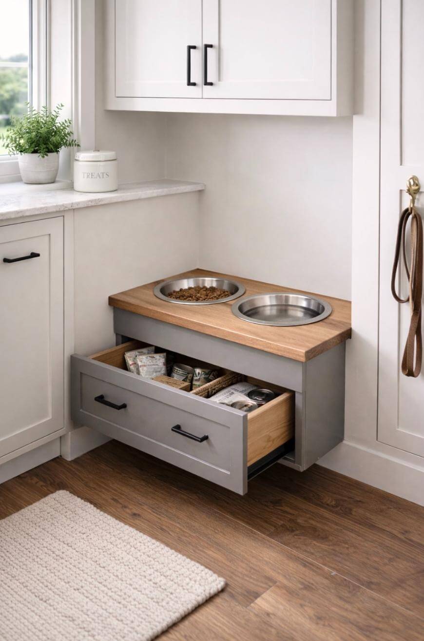 A modern pet feeding station with two built-in stainless steel bowls on a wooden counter and a pull-out drawer below storing pet food and treats, set in a bright kitchen with light cabinets and a window.