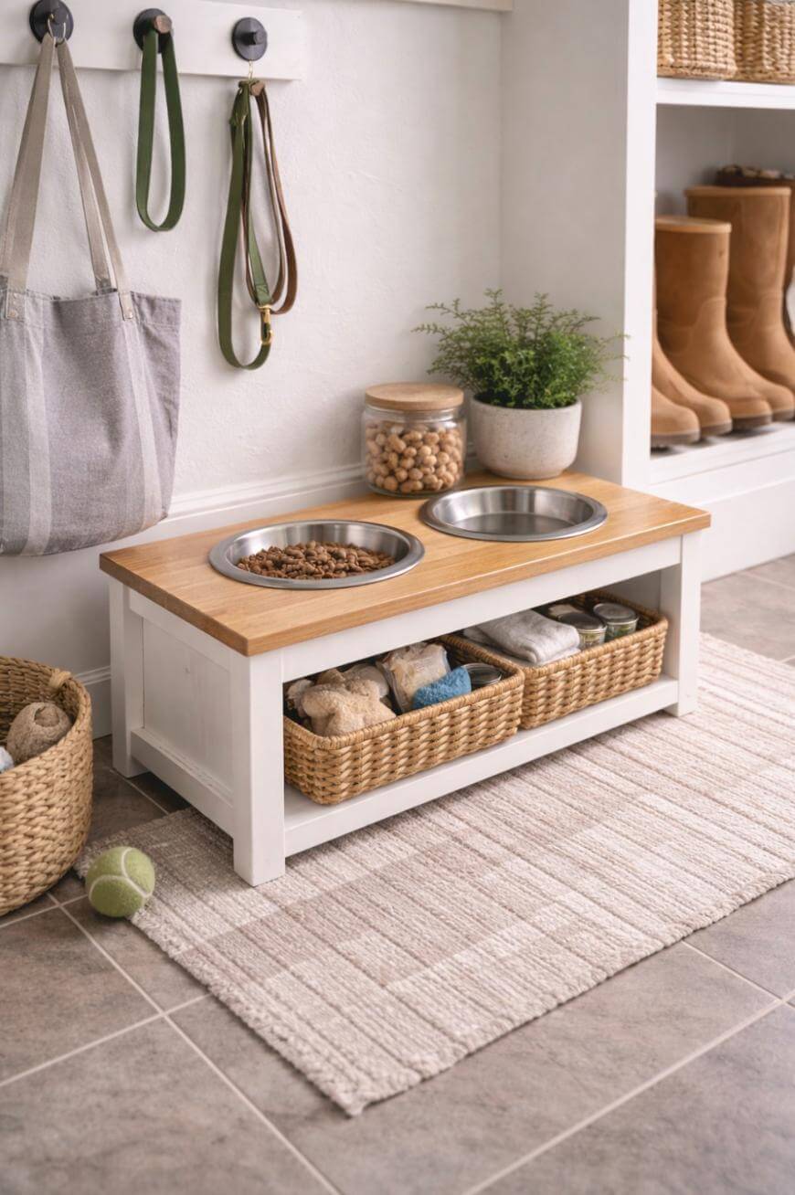 A pet feeding station with two metal bowls on a wooden bench, storage baskets with pet supplies underneath, and leashes hanging on hooks above. A rug covers the tile floor, and a plant and boots are in the background.