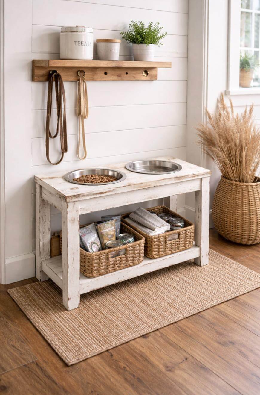 A rustic feeding station with two metal pet bowls on a distressed white wooden bench, baskets with pet supplies below, and leashes and treat jars on a shelf above, set on a woven rug by a window.