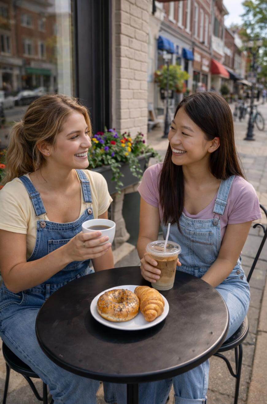 Two young women wearing overalls sit at an outdoor café table, smiling and enjoying drinks. On the table are a bagel, a croissant, and their beverages. A street with shops and flowers is visible in the background.